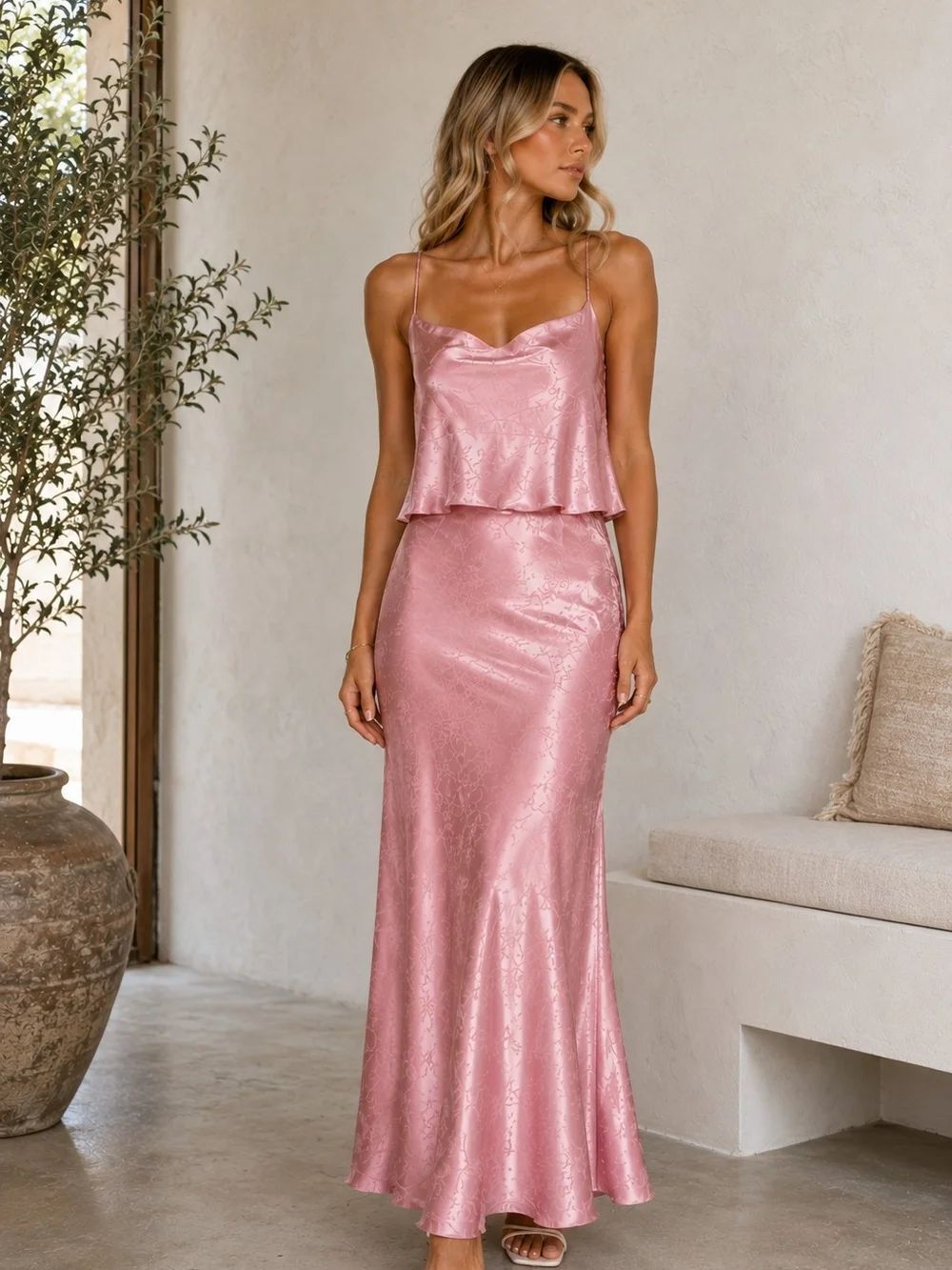 Satin Pink Slip Maxi Dress with Cowl Neck